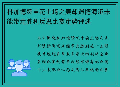 林加德赞申花主场之美却遗憾海港未能带走胜利反思比赛走势评述